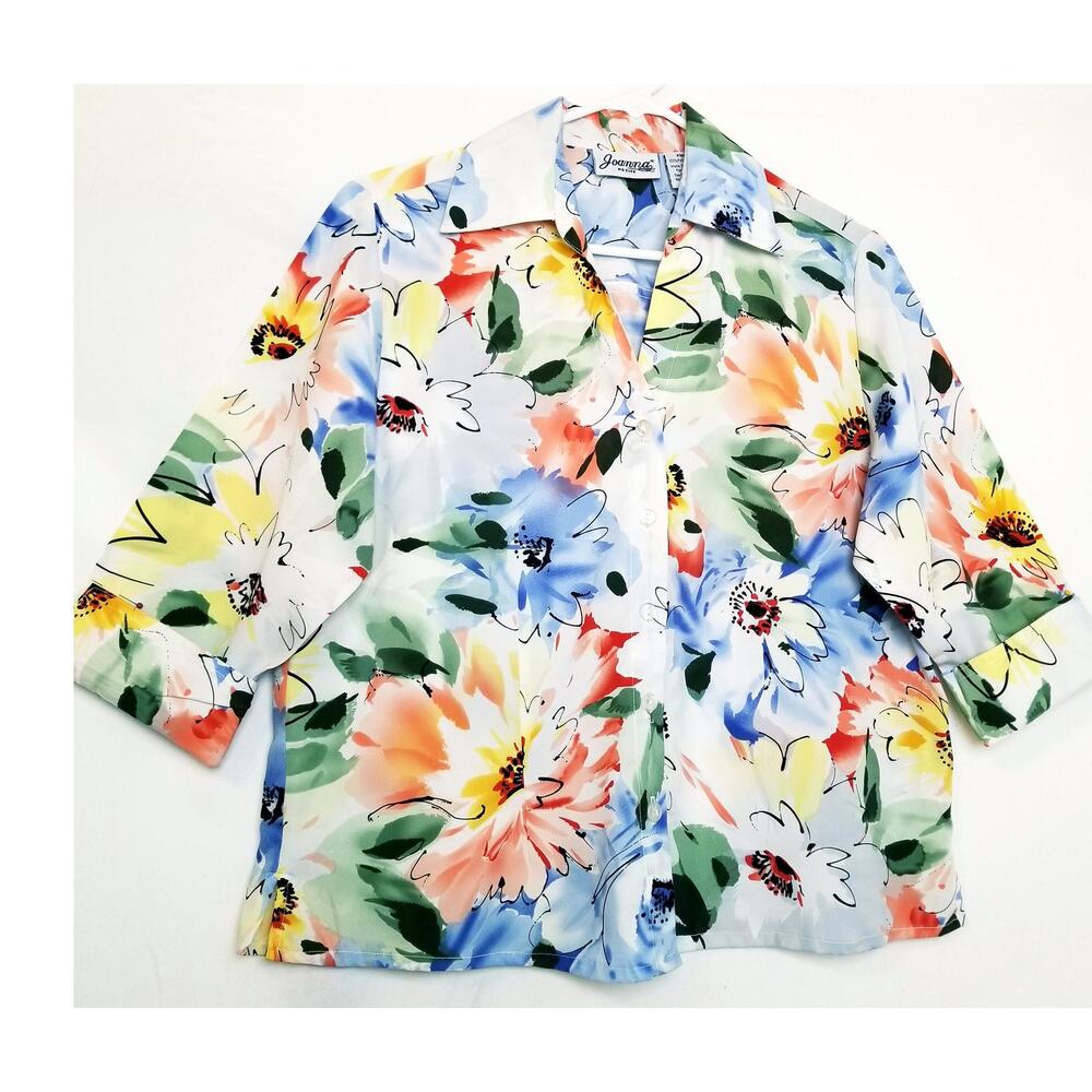 VTG Floral Blouse Joanna Petite Button Up Shirt Women's Medium 3/4 Sleeve